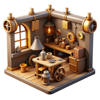 stunning contemporary wonderful classic A scene depicting a steampunk workshop, filled with tools, gears, and inventions, cluttered yet organized, warm, inviting lighting detailed authentic png