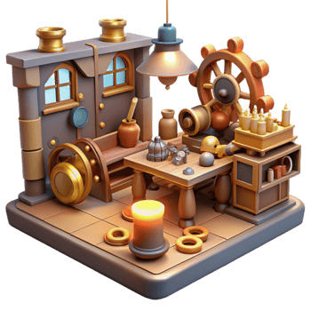 stunning abstract wonderful abstract A scene depicting a steampunk workshop, filled with tools, gears, and inventions, cluttered yet organized, warm, inviting lighting original premium png