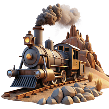 dramatic minimalist beautiful classic A scene depicting a steampunk train speeding through a desert landscape, billowing steam and smoke, dramatic, cinematic lighting high resolution professional png