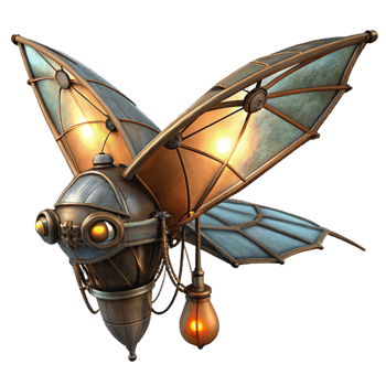 impressive creative serene creative A lone steampunk ornithopter, crafted from dark, oiled metal and stained glass, wings mid-flap, against a backdrop of swirling emerald green smoke, lit by... png
