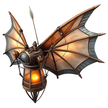 impressive traditional vibrant contemporary A lone steampunk ornithopter, crafted from dark, oiled metal and stained glass, wings mid-flap, against a backdrop of swirling emerald green smoke, lit... png