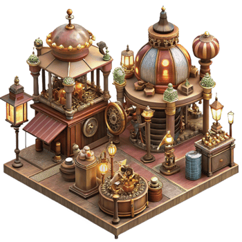 magnificent vintage vibrant minimalist A bustling steampunk marketplace, filled with intricate clockwork contraptions and automatons, vendors in elaborate Victorian attire, illuminated by... png