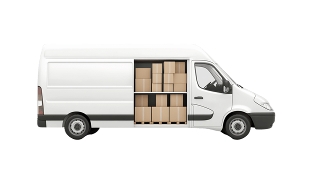 White Delivery car with Cardboard Boxes on Transparent Background png