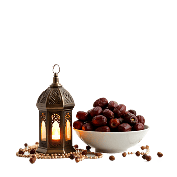 Ramadan Mubarak Concept Bowl of Dates with Ornate Lantern png