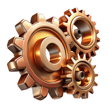 impressive classic wonderful vintage Interlocking, metallic gears and cogs, in copper and brass tones, with a dramatic chiaroscuro lighting effect. Steampunk style high resolution original png