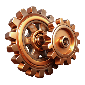 wonderful vintage dramatic traditional Interlocking, metallic gears and cogs, in copper and brass tones, with a dramatic chiaroscuro lighting effect. Steampunk style exclusive detailed png