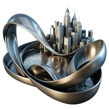 serene contemporary impressive abstract Flowing ribbons of liquid mercury, reflecting distorted images of a fragmented cityscape, under a dim, atmospheric light. Dark fantasy style 4K premium png