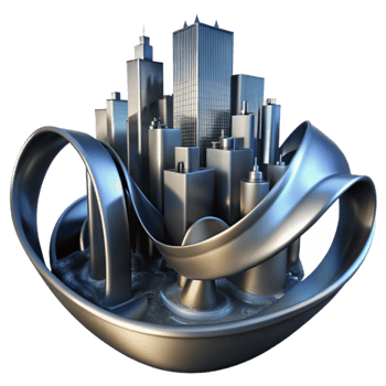 stunning contemporary magnificent creative Flowing ribbons of liquid mercury, reflecting distorted images of a fragmented cityscape, under a dim, atmospheric light.... png