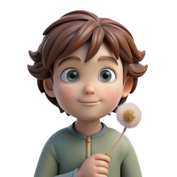 elegant traditional elegant creative Portrait of a curious child with wide, innocent eyes and a messy mop of brown hair, holding a dandelion. Soft, natural lighting.... png