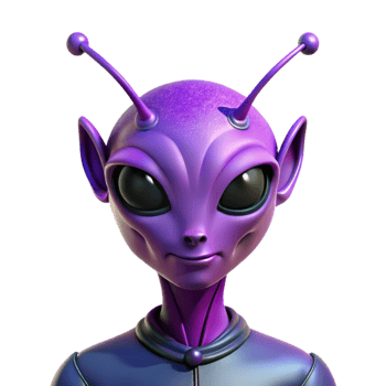 magnificent rustic vibrant classic Portrait of an alien with vibrant purple skin, large, black eyes, and delicate, antenna like features. Soft, otherworldly lighting.... png