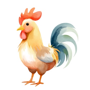 Cute rooster in watercolor style. Hand drawn farm animals. Watercolor hen vector