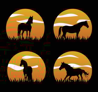 Silhouette of Horses of the wildlife savannah. illustration. vector