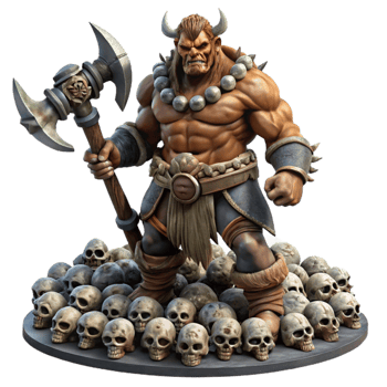 stunning abstract beautiful modern A fierce orc chieftain wielding a massive axe, adorned with tribal markings and furs, standing triumphantly on a pile of skulls, dramatic lighting, gritty and... png