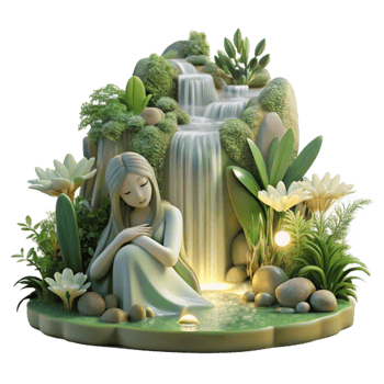 extraordinary contemporary magnificent classic A serene forest nymph resting by a waterfall, surrounded by glowing flora and fauna, soft, natural lighting, peaceful and ethereal.... png