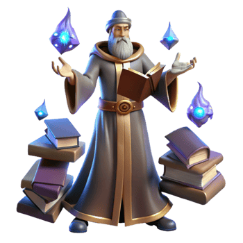 elegant creative wonderful creative A powerful wizard casting a spell in his arcane tower, surrounded by floating books and glowing runes, dramatic lighting, mystical and powerful.... png