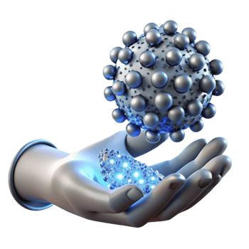impressive minimalist elegant classic A swarm of nanobots, resembling shimmering silver dust motes, forming the shape of a human hand reaching towards a glowing orb of data, illuminated by a cool,... png