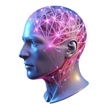 wonderful modern vibrant modern A transparent human head, filled with intricate networks of neural connections firing with electrical impulses, illuminated by a pulsating pink and blue light... png