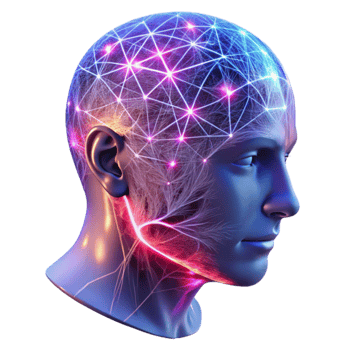 serene classic magnificent abstract A transparent human head, filled with intricate networks of neural connections firing with electrical impulses, illuminated by a pulsating pink and blue light... png