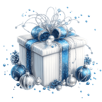 A white and blue christmas gift box with decorations png