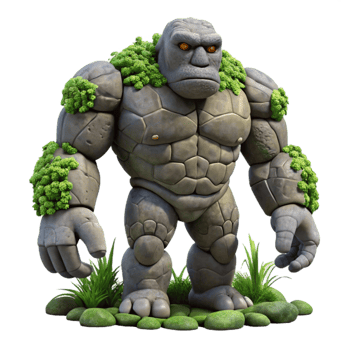 elegant modern beautiful classic A colossal golem made of living stone lumbering through a dense jungle, dappled sunlight and shadow, realistic style authentic genuine png