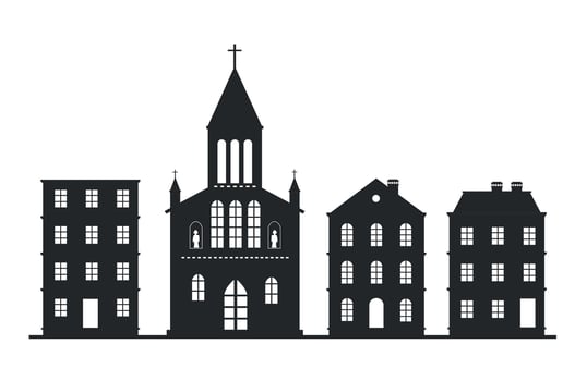 Icon of black silhouettes of buildings with church on white background. Architecture. vector