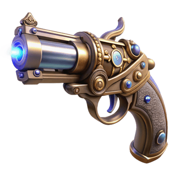 beautiful creative serene artistic A detailed steampunk pistol, ornate engravings and glowing crystals embedded in the handle, dramatic spotlight from above detailed authentic png