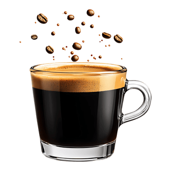 A cup of coffee with coffee beans falling out png