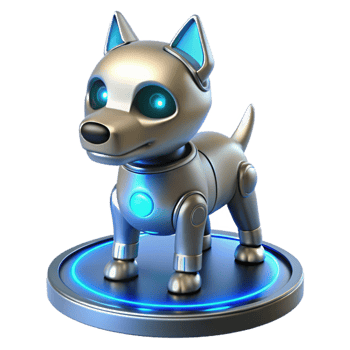 stunning traditional stunning creative A sleek, silver robot dog with glowing blue eyes, standing on a polished metal platform, surrounded by flickering holographic displays, minimalist style... png