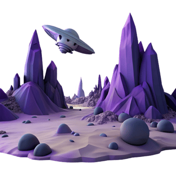 beautiful contemporary extraordinary traditional A desolate, alien landscape, jagged rock formations silhouetted against a purple sky, a lone spaceship wreckage in the foreground, matte painting... png