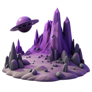 magnificent traditional magnificent artistic A desolate, alien landscape, jagged rock formations silhouetted against a purple sky, a lone spaceship wreckage in the foreground, matte painting style... png