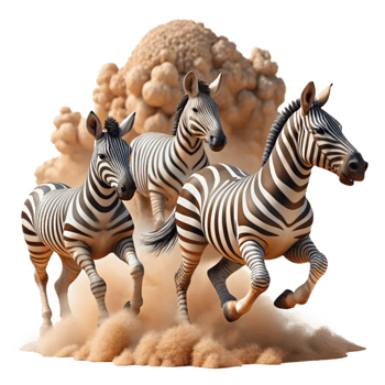 impressive creative wonderful artistic A herd of zebras running across the savanna, dust clouds billowing behind them, dynamic and powerful composition, wildlife photography style exclusive 4K png