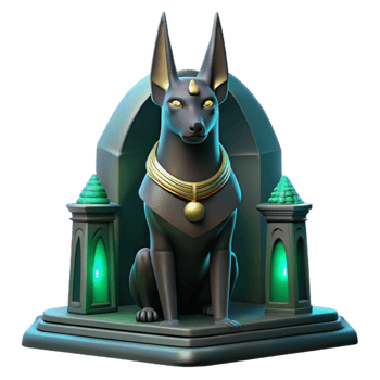 extraordinary creative beautiful minimalist Anubis, the Egyptian god of the dead, depicted as a sleek black jackal with glowing emerald eyes, standing in a dimly lit tomb with shafts of moonlight... png