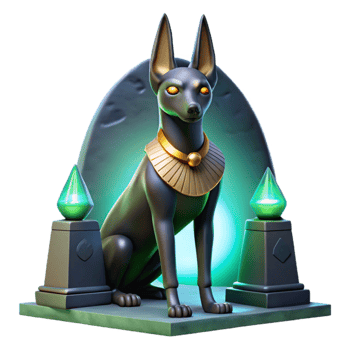 elegant modern vibrant contemporary Anubis, the Egyptian god of the dead, depicted as a sleek black jackal with glowing emerald eyes, standing in a dimly lit tomb with shafts of moonlight piercing... png
