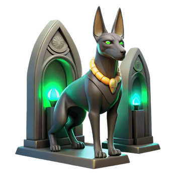 wonderful abstract impressive contemporary Anubis, the Egyptian god of the dead, depicted as a sleek black jackal with glowing emerald eyes, standing in a dimly lit tomb with shafts of moonlight... png
