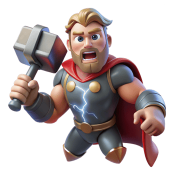 dramatic artistic beautiful creative Thor, the Norse god of thunder, wielding Mjolnir, his hammer crackling with lightning, muscles rippling, a furious expression on his face.... png