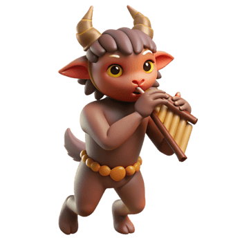 dramatic minimalist serene vintage A mischievous satyr playing a pan flute in a sun-dappled forest glade, his fur a rich brown, his hooves kicking up dust motes.... png