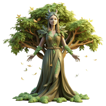 stunning abstract stunning modern An ethereal dryad emerging from a giant oak tree, dappled sunlight filtering through the leaves, covered in moss and vines, Pre-Raphaelite style 4K original png
