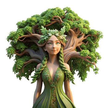 extraordinary vintage elegant vintage An ethereal dryad emerging from a giant oak tree, dappled sunlight filtering through the leaves, covered in moss and vines, Pre-Raphaelite style genuine 4K png