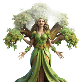 extraordinary contemporary serene modern An ethereal dryad emerging from a giant oak tree, dappled sunlight filtering through the leaves, covered in moss and vines, Pre Raphaelite style exclusive... png