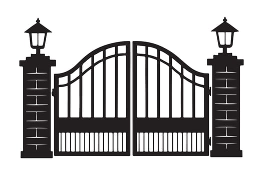 Elegant Iron Gate with Brick Pillars and Lanterns, Symmetrical Design for Entrances, Gardens, and Driveways, Classic and Timeless Architectural Element vector