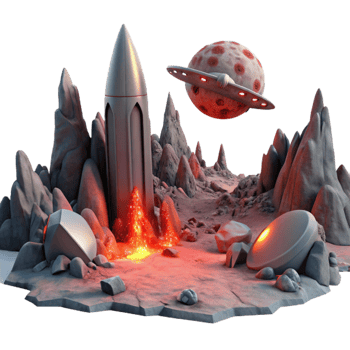 beautiful traditional stunning modern A desolate, alien landscape with jagged rock formations and a blood red sky. A crashed spaceship lies in the foreground, emitting smoke and sparks.... png