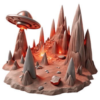 beautiful contemporary elegant contemporary A desolate, alien landscape with jagged rock formations and a blood red sky. A crashed spaceship lies in the foreground, emitting smoke and sparks.... png