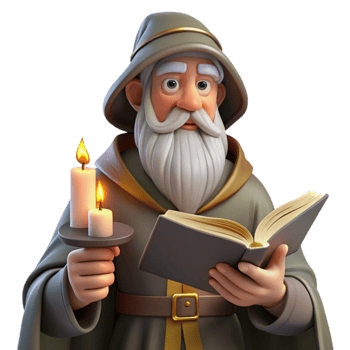 wonderful minimalist extraordinary rustic A wise old wizard with a long white beard studying an ancient tome in his candlelit study, Rembrandt lighting, realistic style authentic professional png