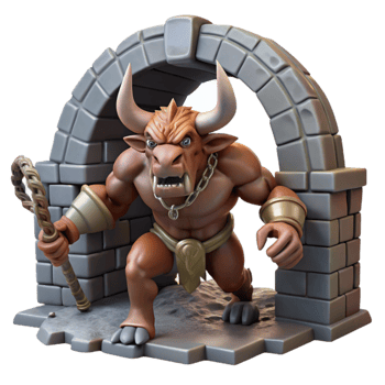 wonderful rustic vibrant modern A fearsome minotaur charging through a labyrinthine dungeon, dynamic lighting, Frank Frazetta style professional exclusive png