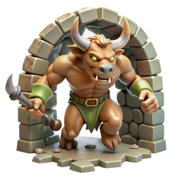 dramatic modern beautiful classic A fearsome minotaur charging through a labyrinthine dungeon, dynamic lighting, Frank Frazetta style high quality exclusive png