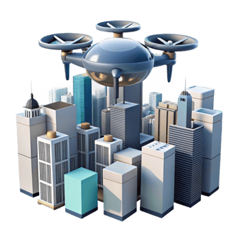 vibrant vintage impressive artistic A drone delivering a package in a futuristic city, flying high above skyscrapers, aerial view, cinematic lighting, science fiction style professional authentic png