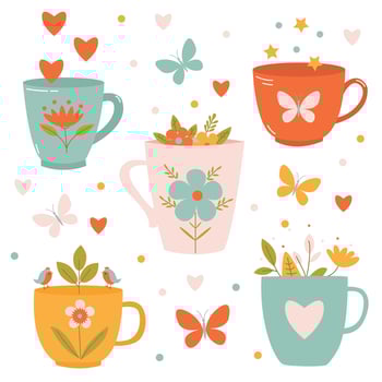 Set with bright cups with flowers, butterflies and hearts for spring vector