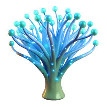elegant artistic magnificent artistic A bioluminescent tree with branches made of fiber optic cables, glowing soft blue and green, fantasy style, ethereal lighting professional premium png