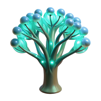 extraordinary contemporary vibrant artistic A bioluminescent tree with branches made of fiber optic cables, glowing soft blue and green, fantasy style, ethereal lighting genuine genuine png