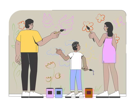 Community wall mural painting 2D illustration. Child creativity. Black family with son paint brushing on public wall flat characters isolated on white background. Colorful cartoon image vector